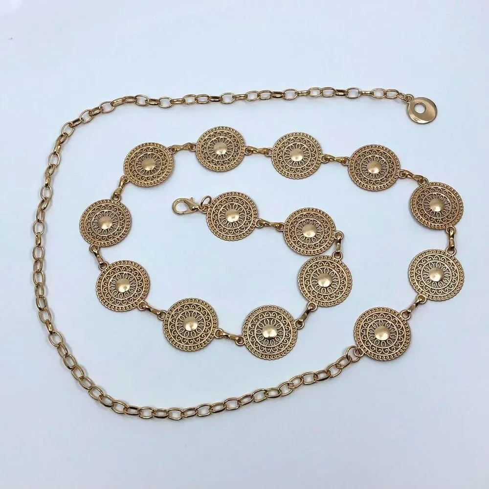 Gold Y2K Textured Round Medallion Boho Chain Belt, Fits 25-44.5 Inches, X7GA1247
